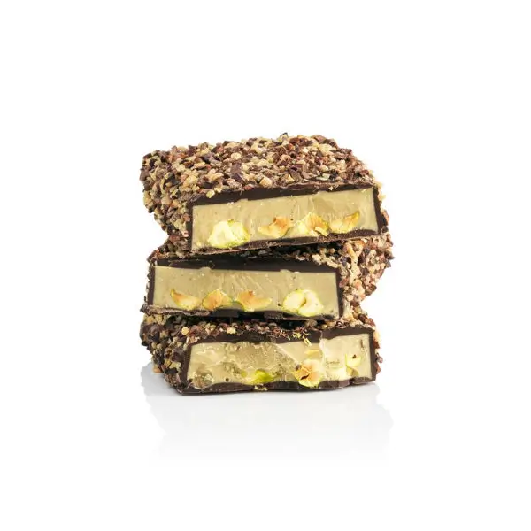 Pistáciová pasta a solené pistácie v horkej čokoláde s kúskami karamelu a kakaovou drťou - Chocoviar Pistacchio, 200 g