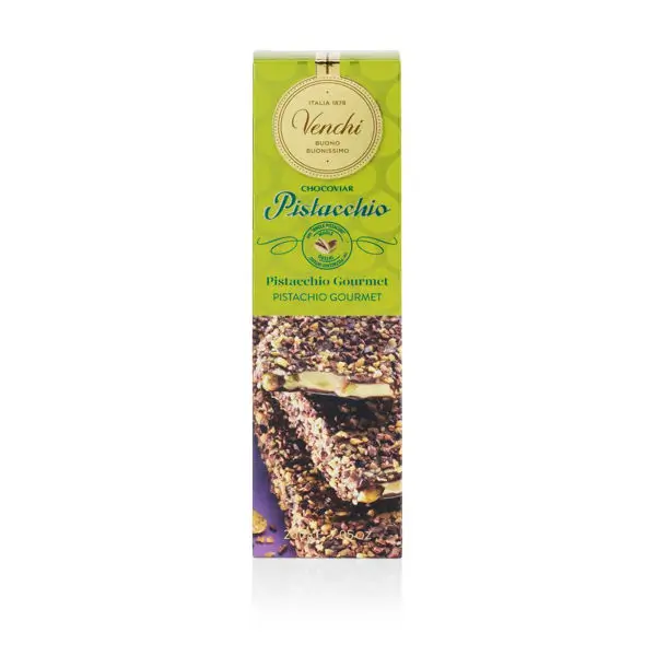 Pistáciová pasta a solené pistácie v horkej čokoláde s kúskami karamelu a kakaovou drťou - Chocoviar Pistacchio, 200 g