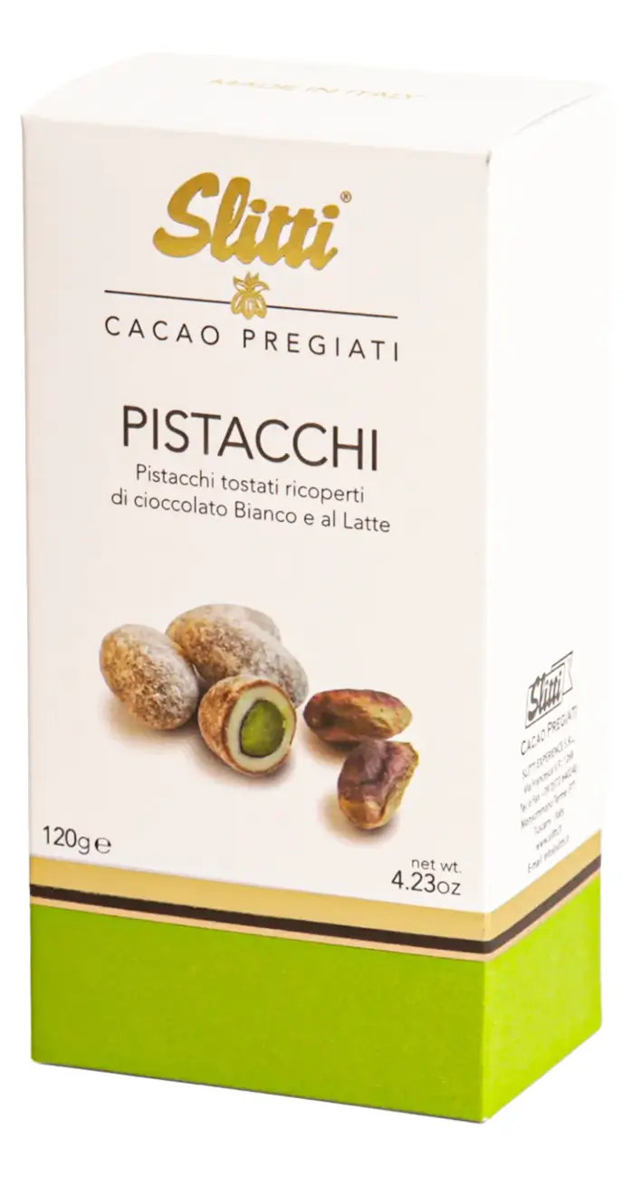 Pistácie v bielej a mliečnej čokoláde - Pistacchi di Bronte, 120 g